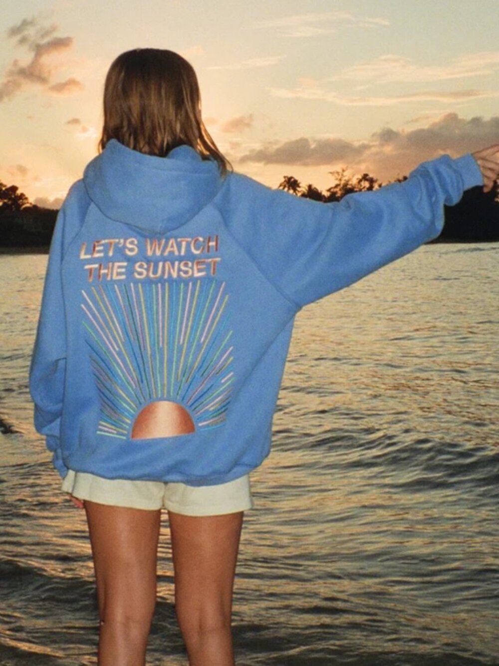 "Let's Watch the Sunset" Oversized Lux Hoodie in Blue XS NWT
